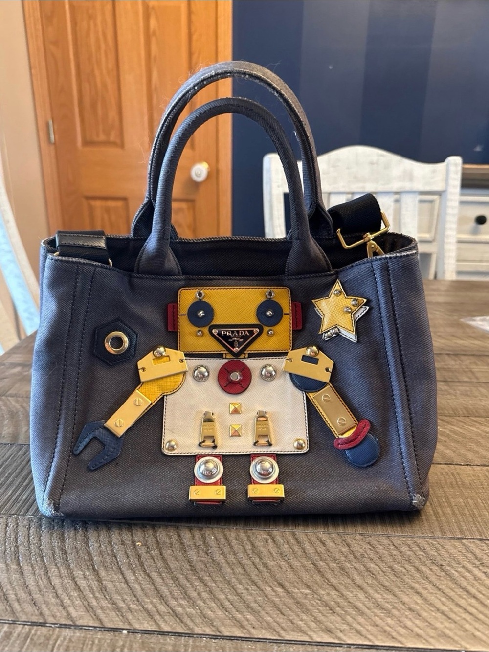 Prada Navy Canapa Tote with Yellow, Cream & Red Robot Appliqué